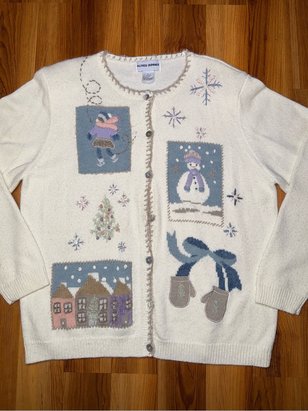 Alfred Dunner Cream Holiday Embroidered Cardigan with Blue Accents - Picture 2 of 4